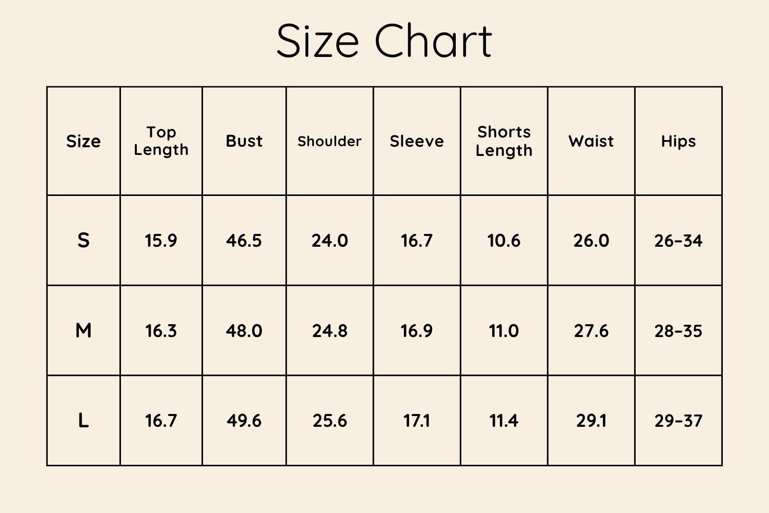 Size Chart Inches