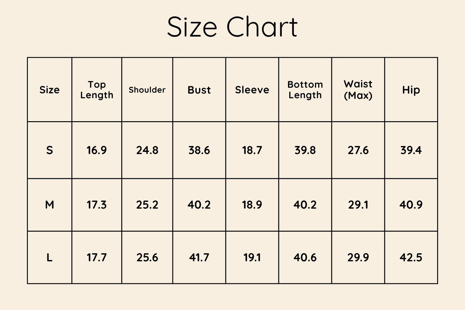 Size Chart Inches