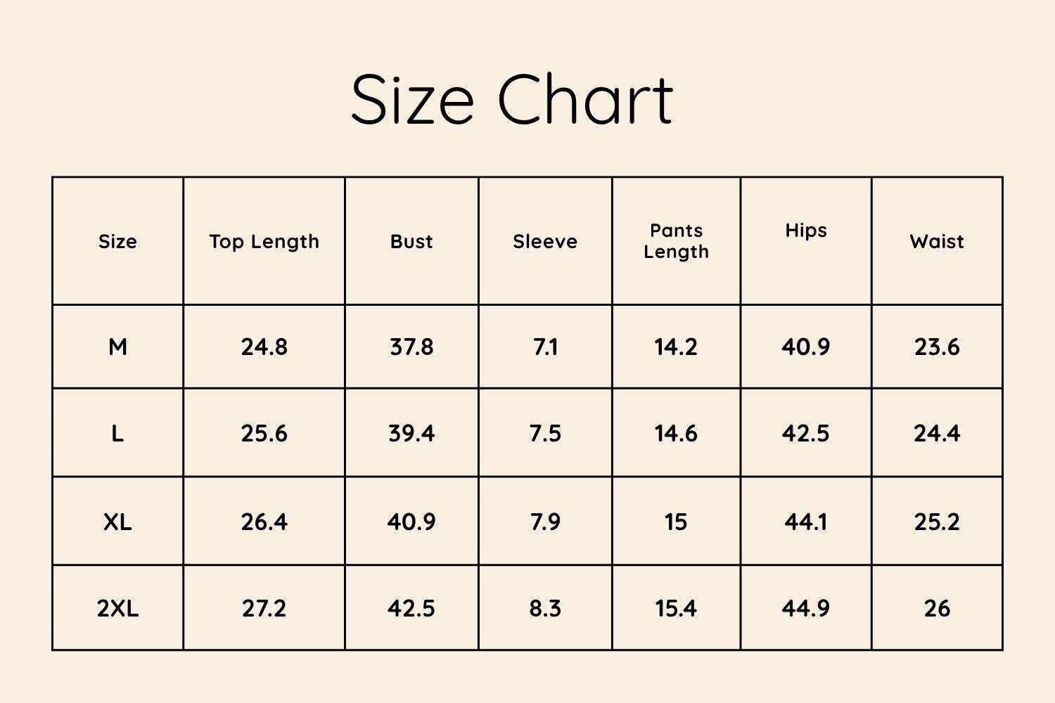 Size Chart Inches