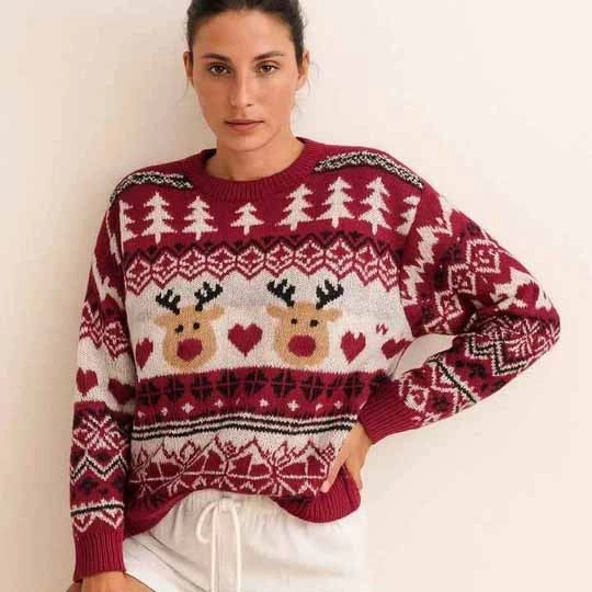 White & Red Reindeer Christmas Women Ugly Sweater