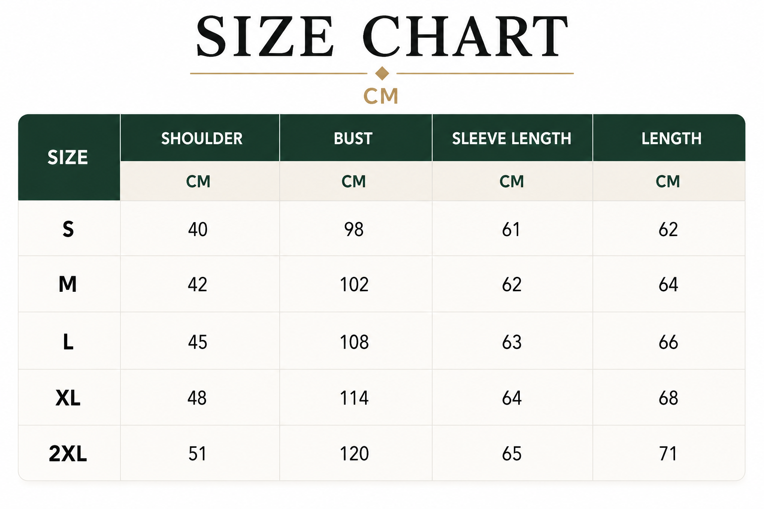 Size Chart Inches