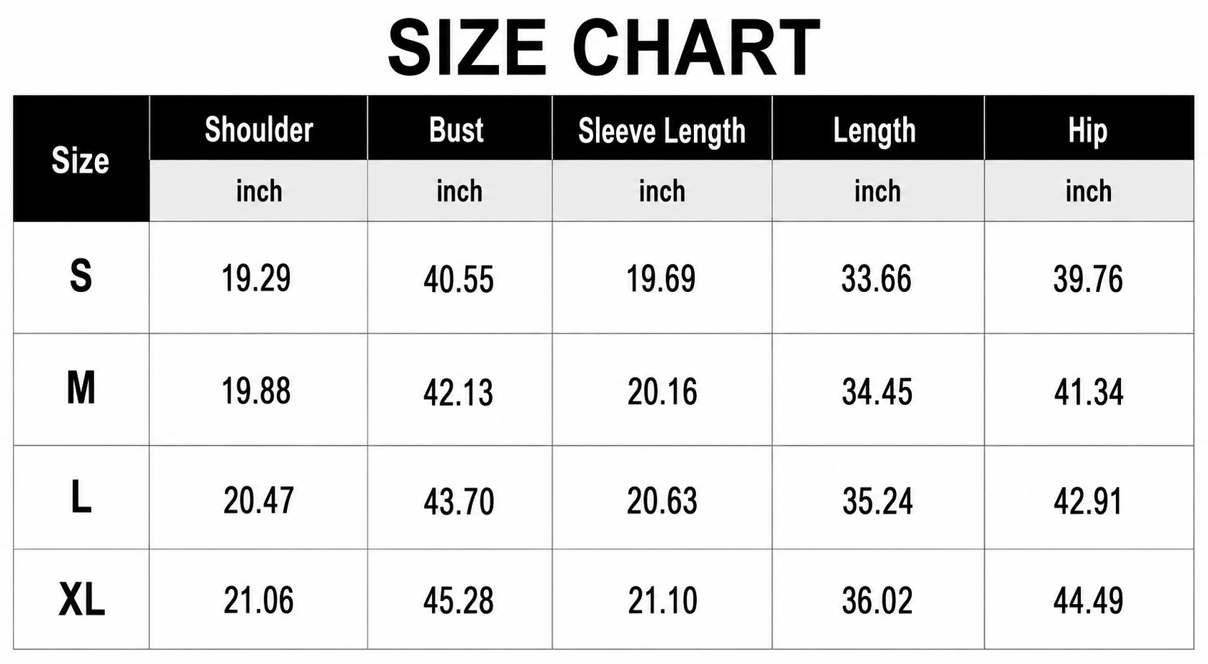 Size Chart Inches