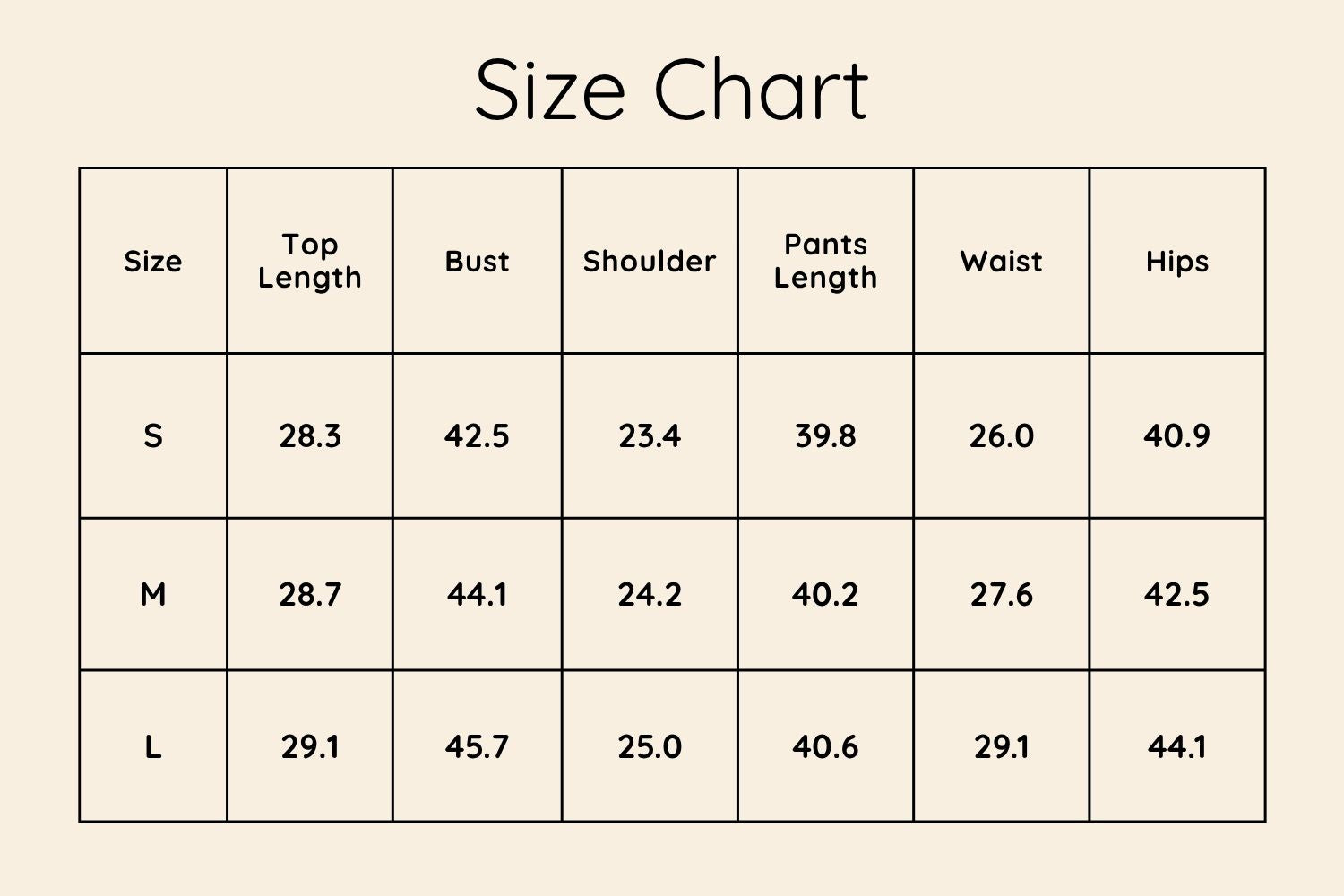 Size Chart Inches