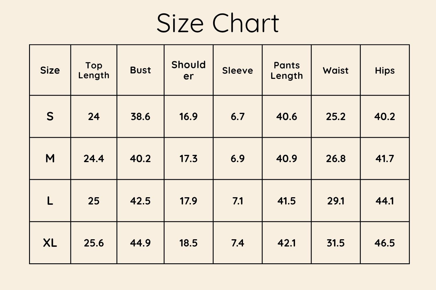 Size Chart Inches
