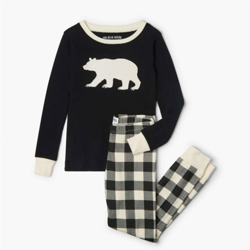 Black & Cream Plaid Bear Family Matching Pajamas